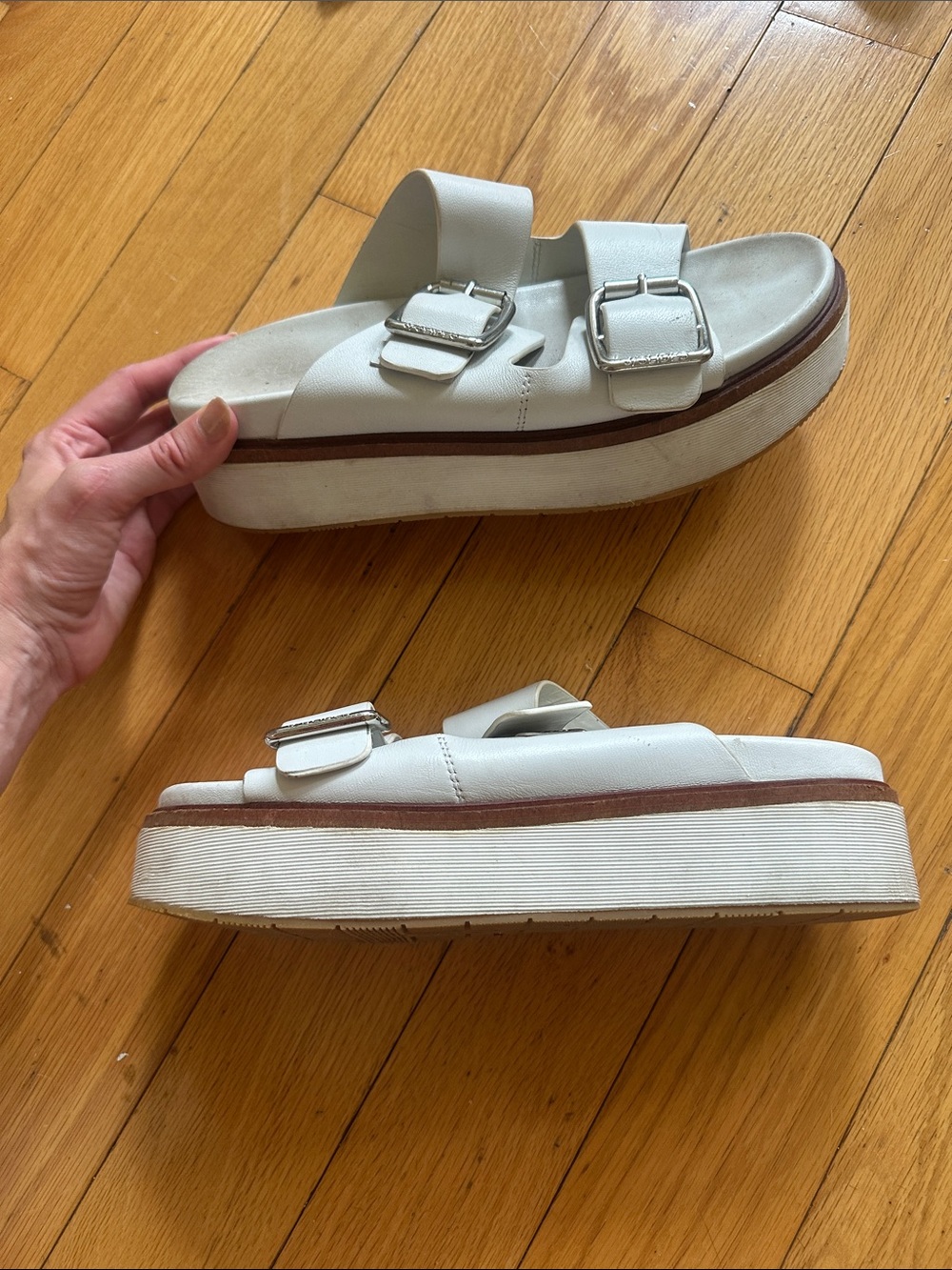 Women’s White Platform Slide Sandals with Dual Buckle Straps